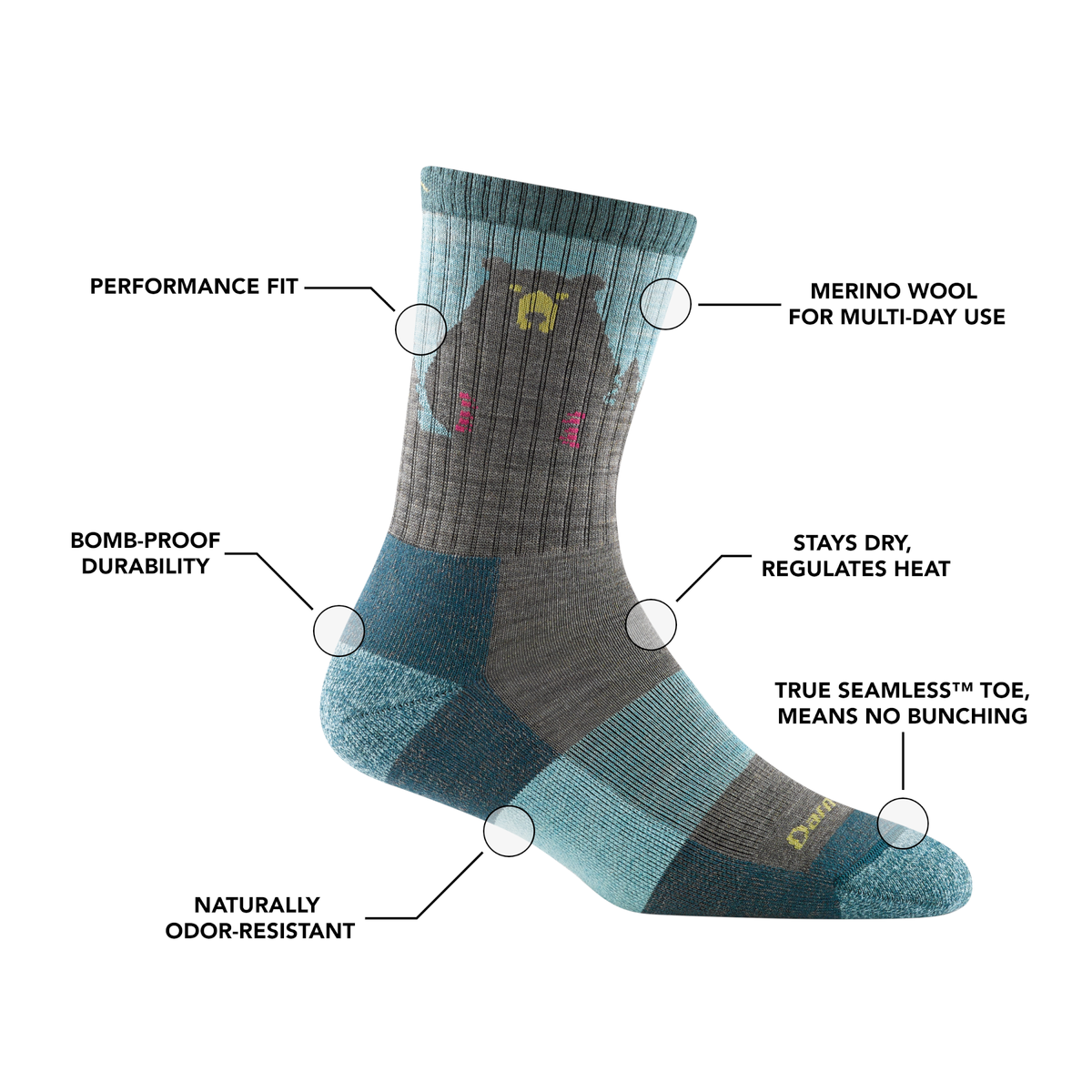 Darn Tough Bear Town Micro Crew Lightweight Cushion Hiking Socks, Quartz