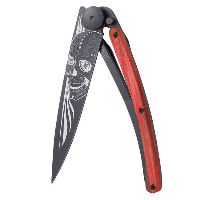 Deejo Black Tattoo Biker Red Beech Folding Knife, Skull