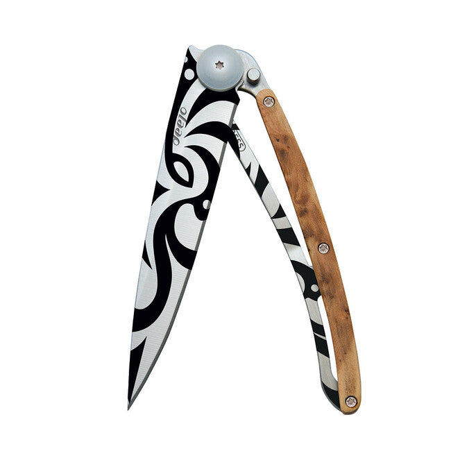 Deejo Tattoo Tribal Folding Knife, Juniper Wood