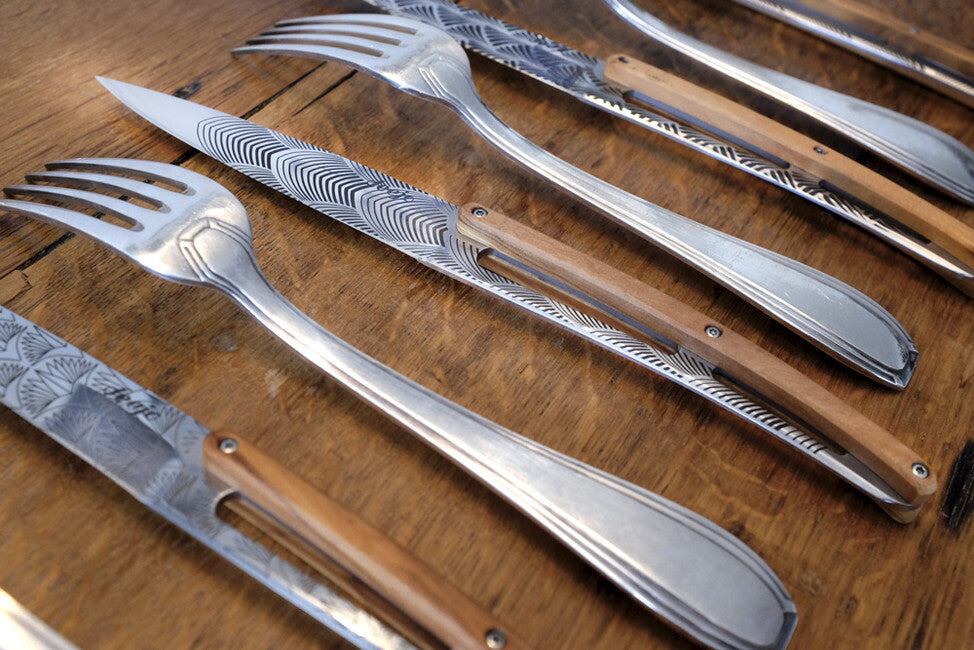 Deejo 6-Piece Steak Knife Set, Polished Blade, Olive Wood, Art Deco Design
