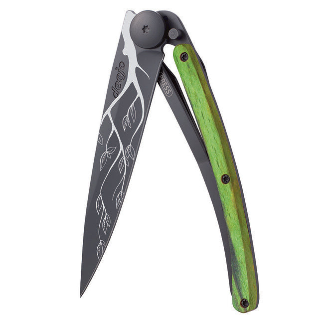 Deejo Folding Knife Black Tattoo Green Beech Tree