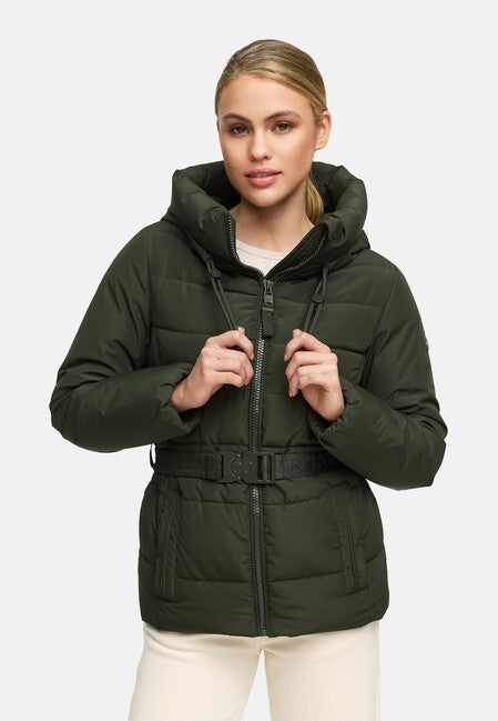 Marikoo HIMEE 16 ženska zimska jakna z visokim ovratnikom in pasom, dark olive