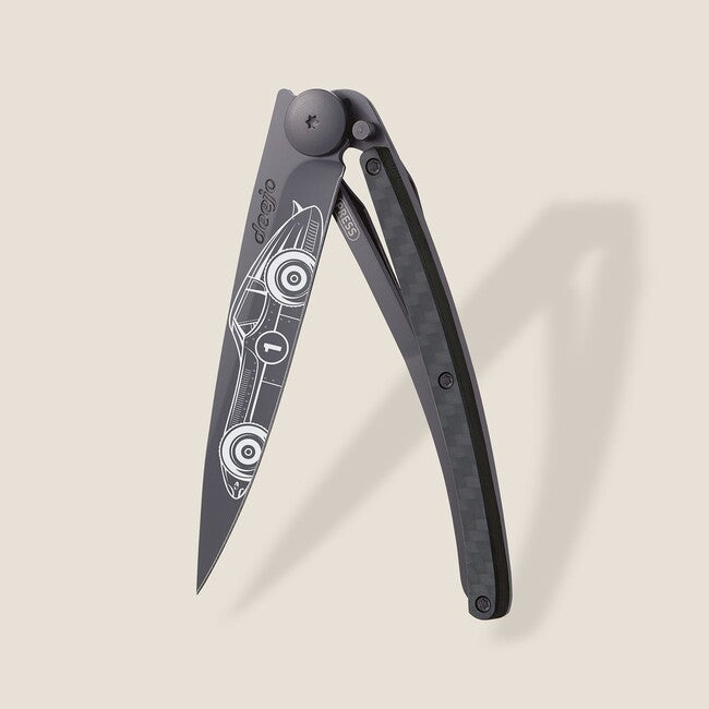 Deejo Tattoo Black Carbon Racing Car Folding Knife