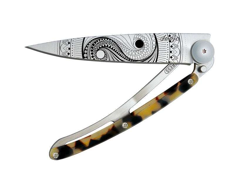 Deejo Tattoo Turtle Folding Knife, Grey Titan Dark Turtle Yin and Yang