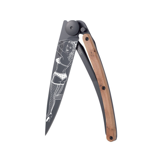 Deejo Tattoo Folding Knife, Black Juniper Wood, Pin Up