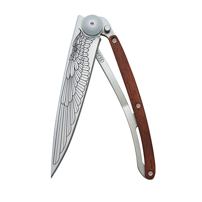 Deejo Tattoo Wing Folding Knife, Coralwood