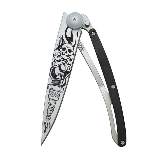 Deejo Tattoo Biker Folding Knife, Ebony Wood