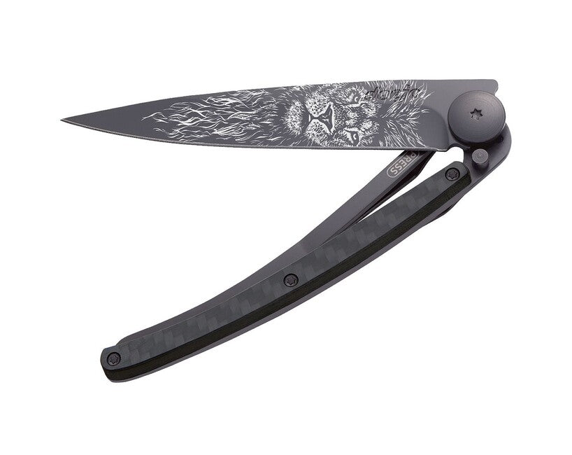 Deejo Tattoo Black Carbon Folding Knife Lion