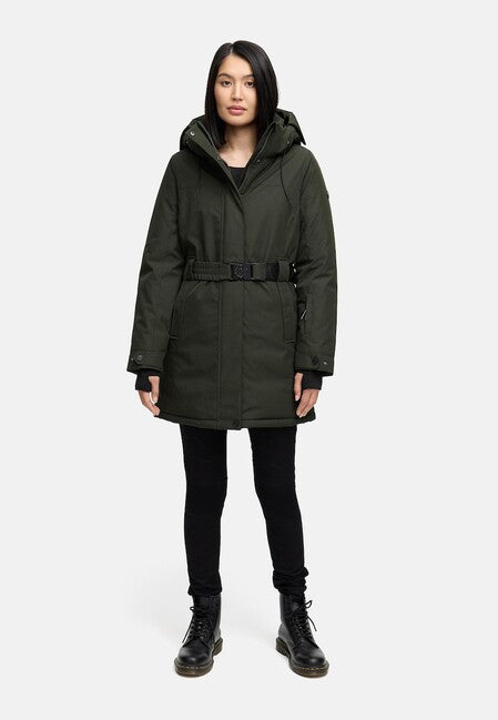 Navahoo FROSTKUSS 14 parka zimska ženska z odsnemljivo kapuco in pasom, temno olivno zelena