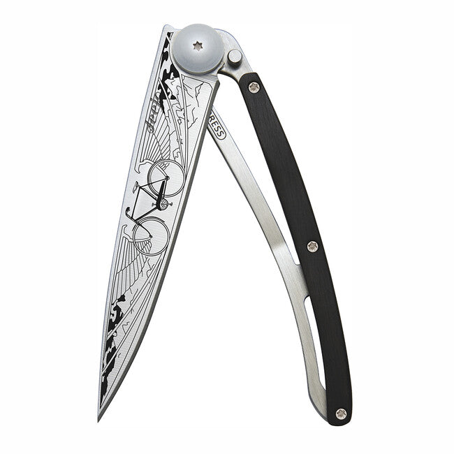 Deejo Tattoo Folding Knife, Ebony Wood, Bicycle