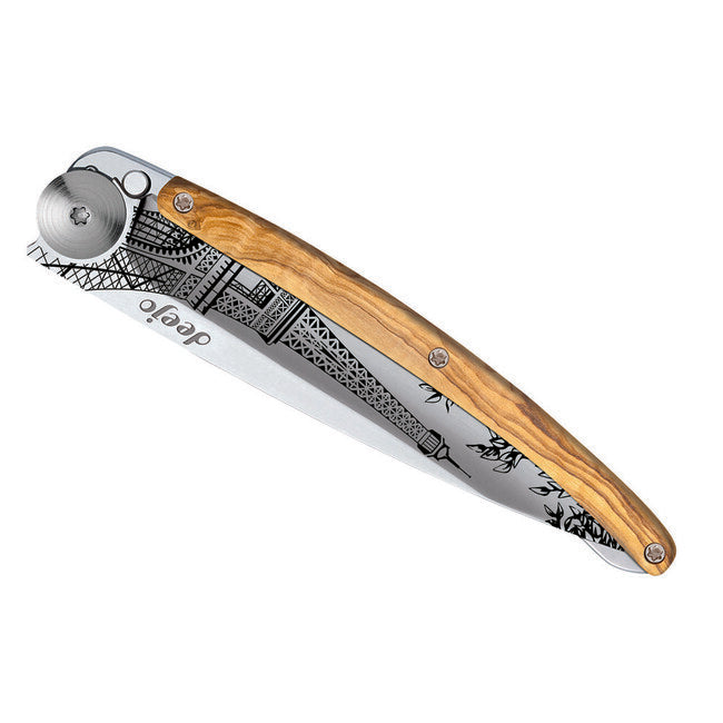 Deejo Tattoo preklopni nož Mirror olive wood, Eiffel Tower