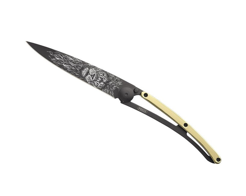 Deejo GOLD Tattoo preklopni nož 23kt rumena, Lev