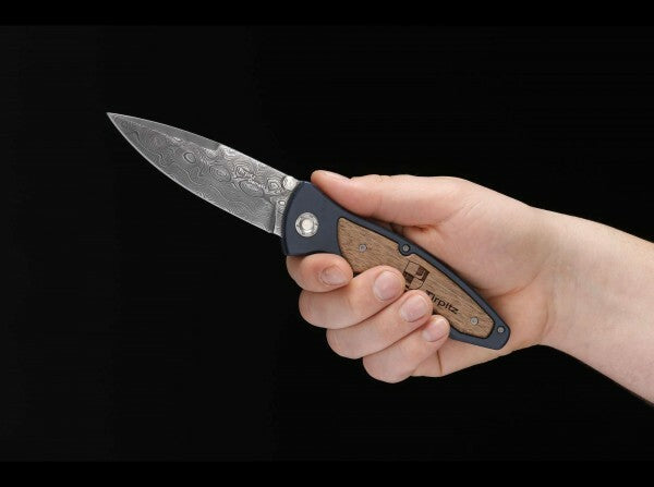 BÖKER® Tirpitz-Damascus žepni nož 9,9 cm, damask, aluminijast, oreh