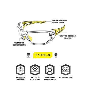 Mechanix Type X Tactical Glasses, Black Frame, Amber Lens
