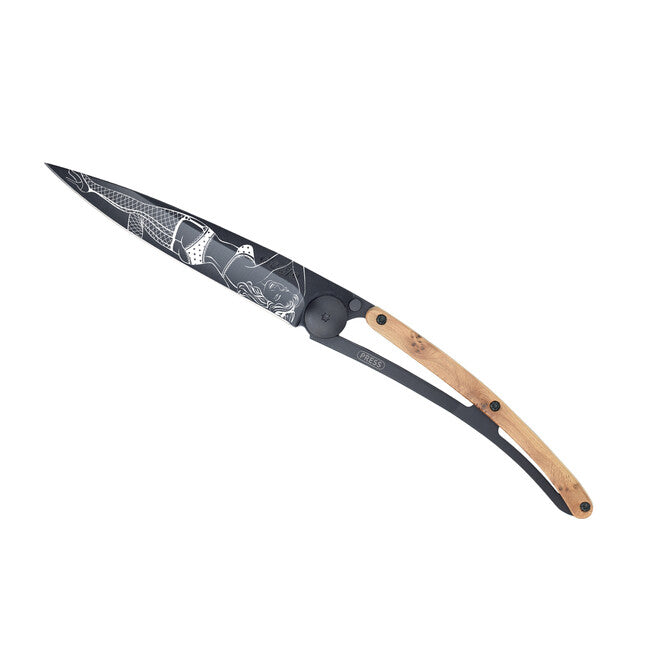 Deejo Tattoo Folding Knife, Black Juniper Wood, Pin Up