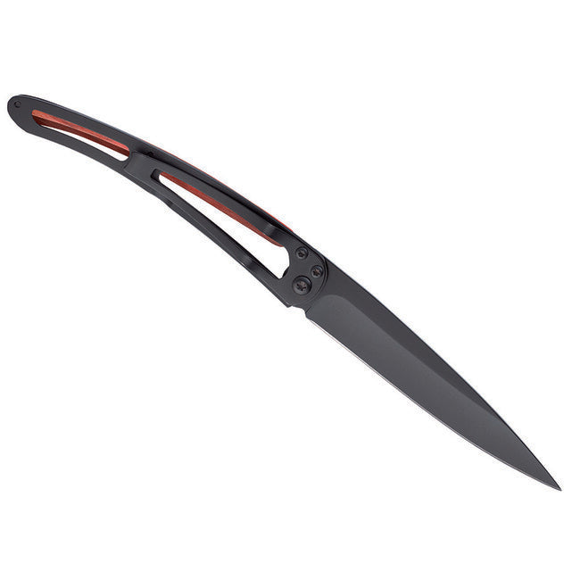 Deejo Black Tattoo Biker Red Beech Folding Knife, Skull