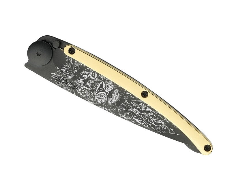 Deejo GOLD Tattoo preklopni nož 23kt rumena, Lev