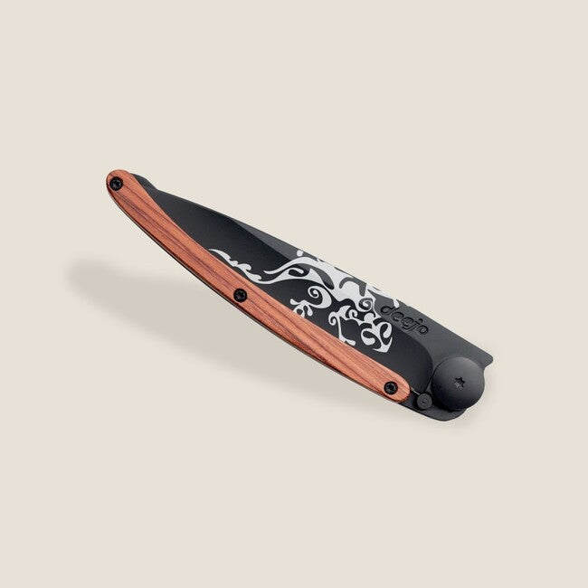 Deejo Tattoo Black Folding Knife, Coralwood Gecko