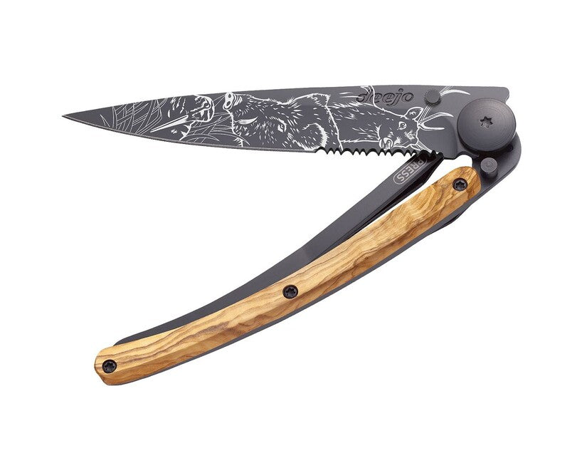 Deejo Tattoo preklopni nož Serration olive wood Hunting Scene