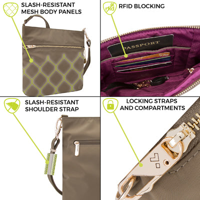 Travelon Tailored Slim torba čez ramo proti kraji, rjava