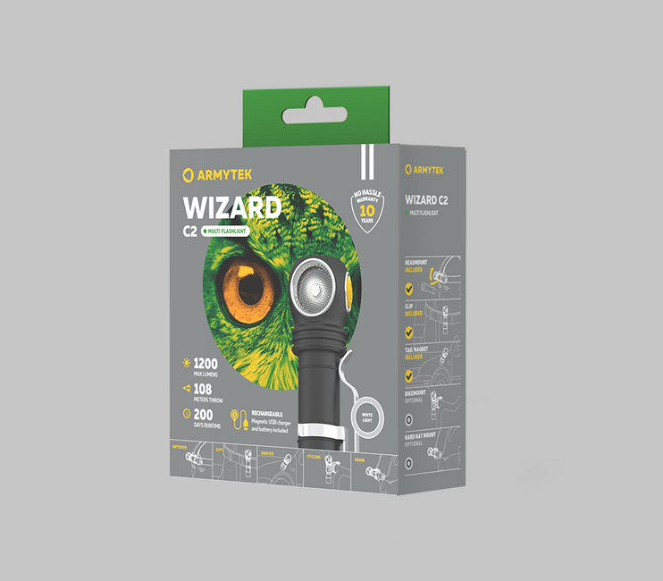 ArmyTek Wizard C2 Magnet White LED Headlamp with Magnetic Mount, Battery Powered, 1200 lm, 4800 h, 64 g
