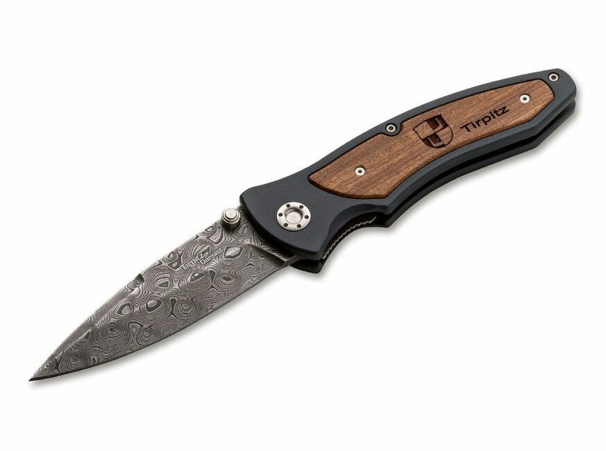 BÖKER® Tirpitz-Damascus žepni nož 9,9 cm, damask, aluminijast, oreh