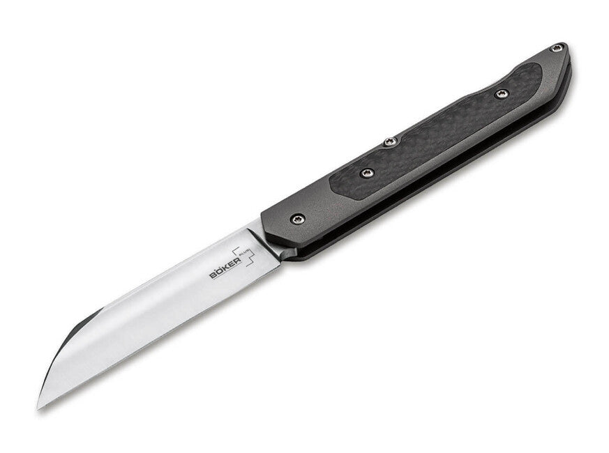 Böker Plus Genios žepni nož s usnjenim tokom, 7,7 cm, siv