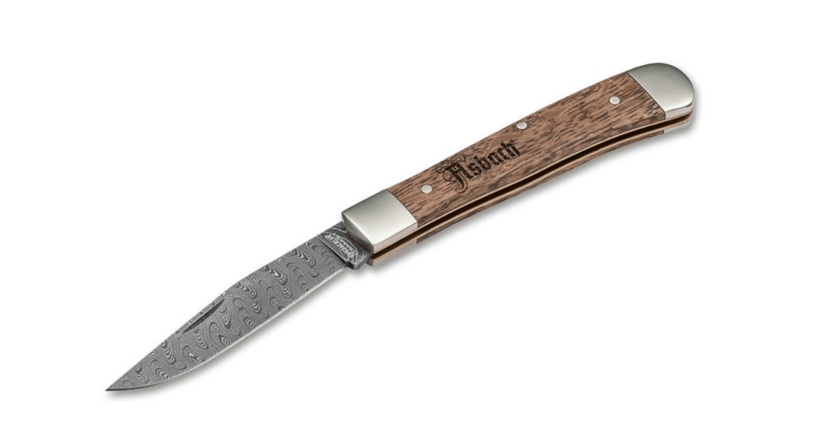 Böker Trapper Asbach Uralt damaščni nož s tokom, 8,5 cm, rjav