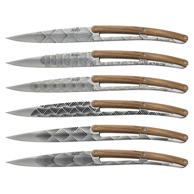Deejo 6-Piece Steak Knife Set, Polished Blade, Olive Wood, Art Deco Design