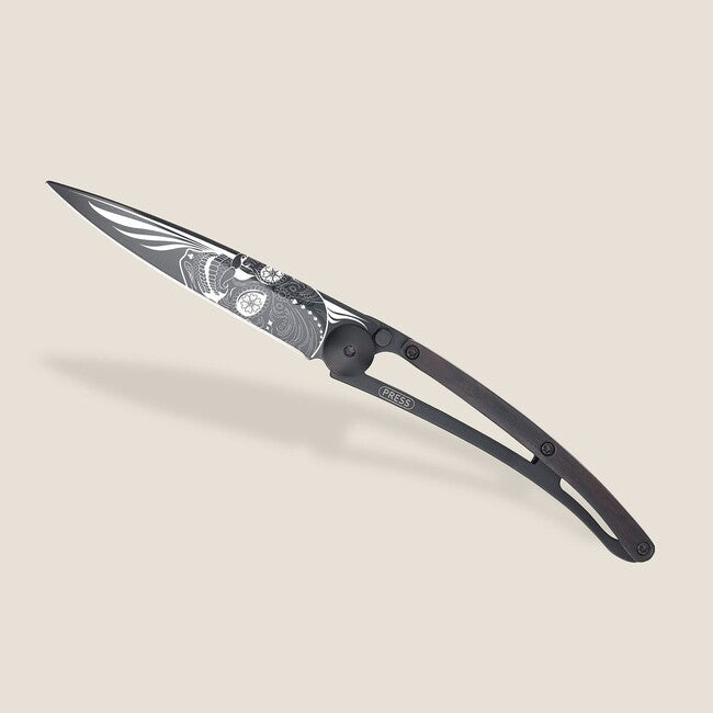 Deejo Latino Skull preklopni nož črna tattoo biker ebony wood
