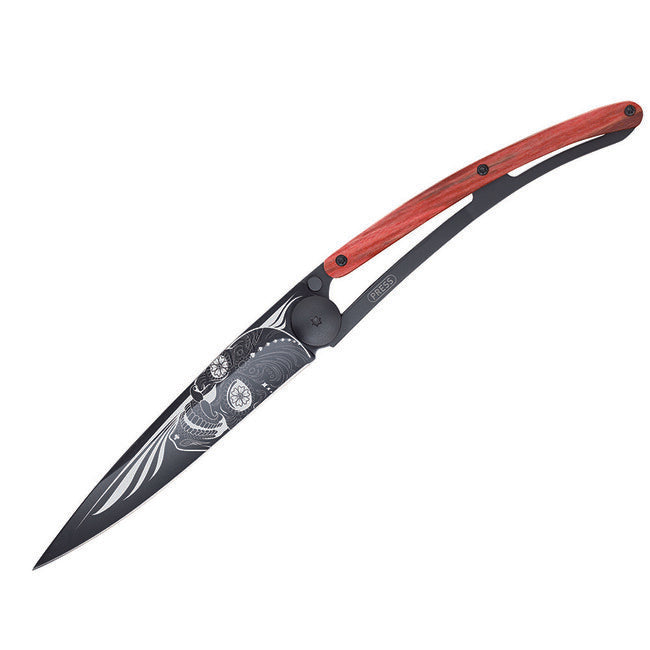 Deejo Black Tattoo Biker Red Beech Folding Knife, Skull