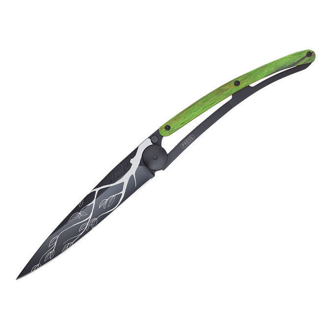 Deejo Folding Knife Black Tattoo Green Beech Tree