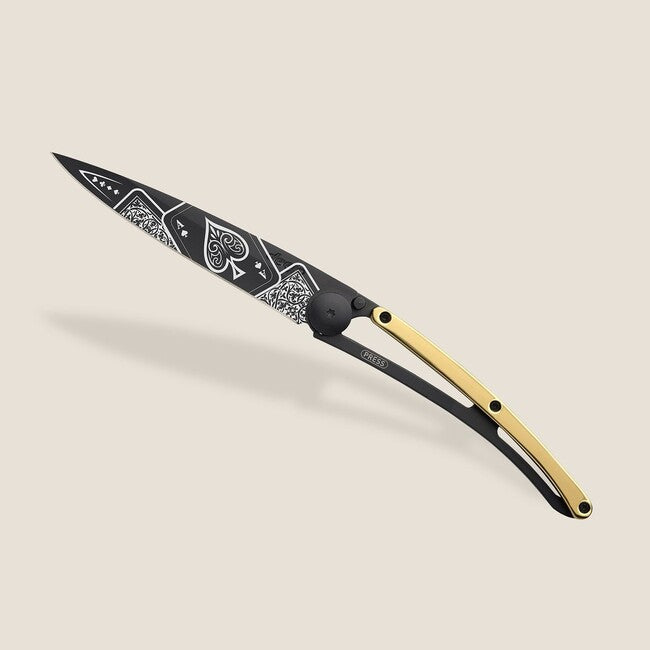 Deejo GOLD Tattoo preklopni nož 23kt rumena, Good Luck