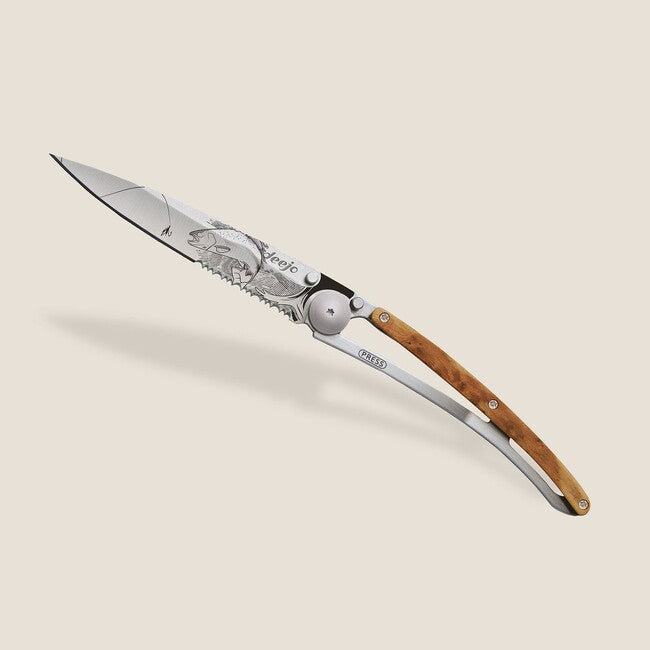 Deejo Trout Folding Knife, Serration Titanium Wood