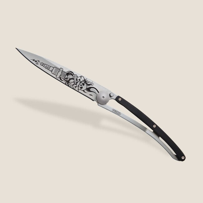 Deejo Tattoo Biker Folding Knife, Ebony Wood