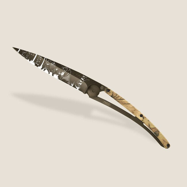 Deejo Tattoo Folding Knife, Black Brown Camo Hunting Day