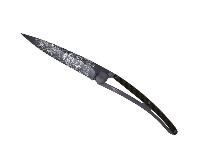Deejo Tattoo Black Carbon Folding Knife Lion
