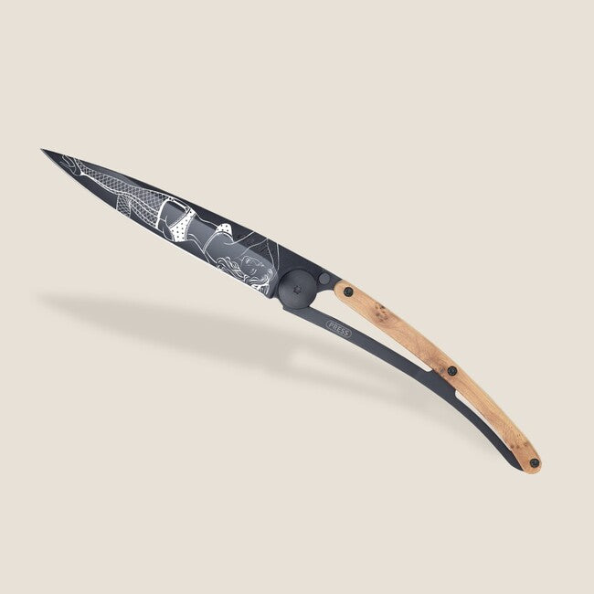 Deejo Tattoo Folding Knife, Black Juniper Wood, Pin Up