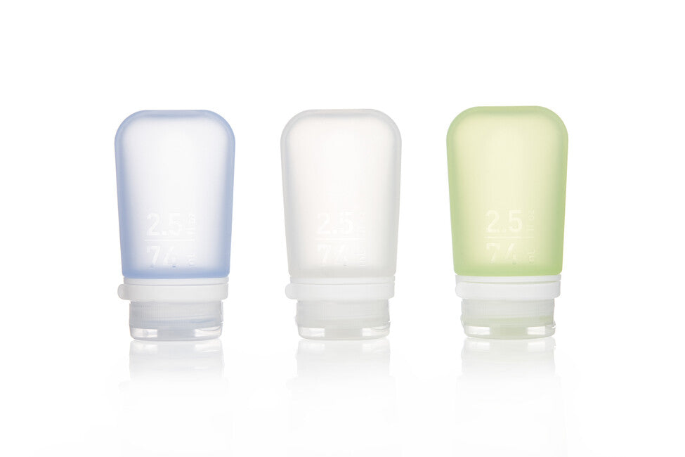 Humangear GoToob+ potovalna silikonska steklenica/posoda, transparentna/zelena/modra, pakiranje 3 kos 74 ml