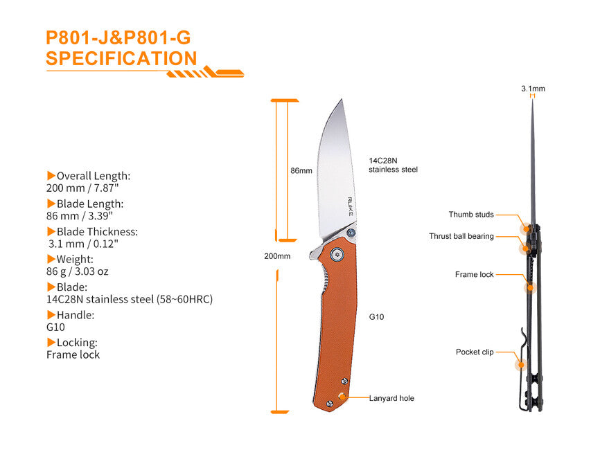 Ruike P801 nož, oranžen