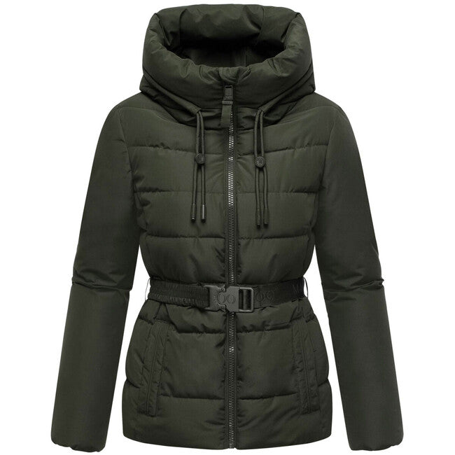 Marikoo HIMEE 16 ženska zimska jakna z visokim ovratnikom in pasom, dark olive