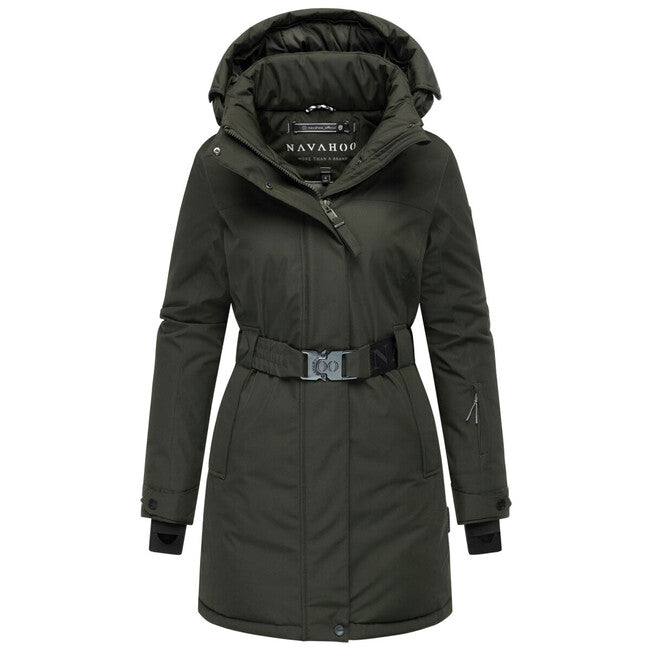 Navahoo FROSTKUSS 14 parka zimska ženska z odsnemljivo kapuco in pasom, temno olivno zelena