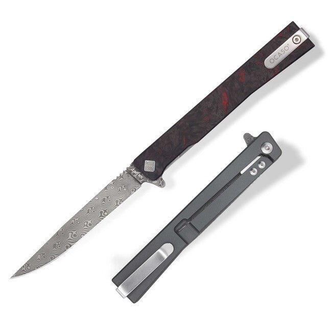 OCASO Solstice Damascus Folding Knife, Red