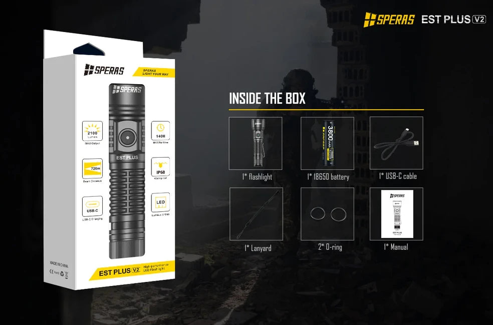 Speras Tactical Flashlight EST Plus V2 with 2100LM 726M Battery