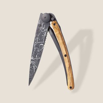 Deejo zložljivi nož Tatto Serration olive wood Hunting Scene