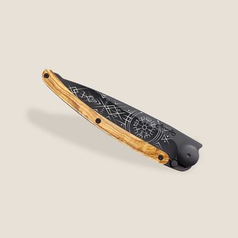 Deejo zložljivi nož Tattoo Black olive wood Viking Vegvisir