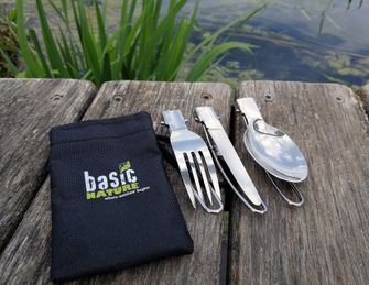 BasicNature MiniTrek Komplet zložljivega jedilnega pribora iz nerjavečega jekla z najlonsko vrečko