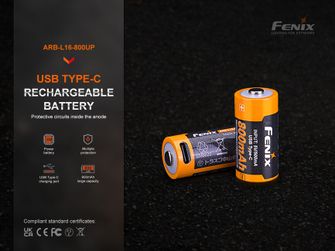 Fenix polnilna baterija RCR123A 800 mAh USB-C Li-ion