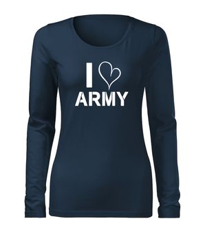DRAGOWA Slim ženska majica z dolgimi rokavi i love army, temno modra 160g/m2